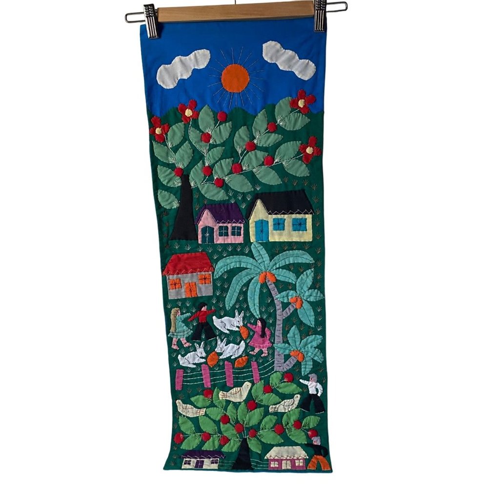 Vintage South American Arpillera wall hanging patchwork village rabbits kids